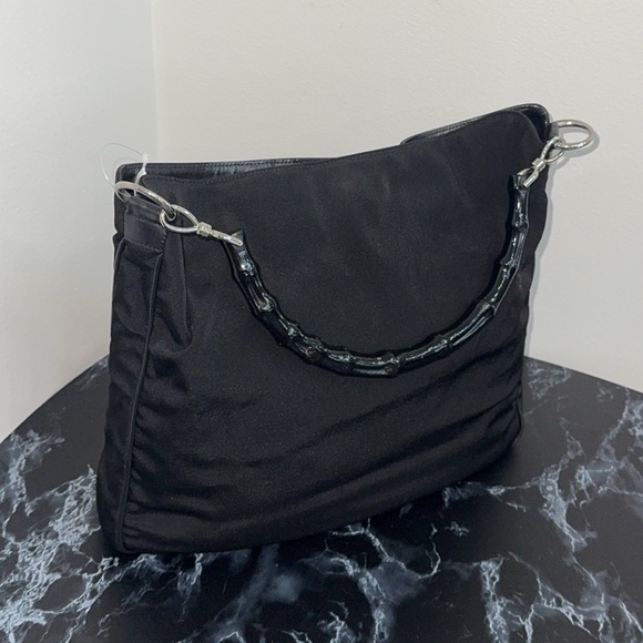 Gucci Bamboo Shoulder Bag Nylon Black Silver Handbag AUTHENTIC - Picture 5 of 14